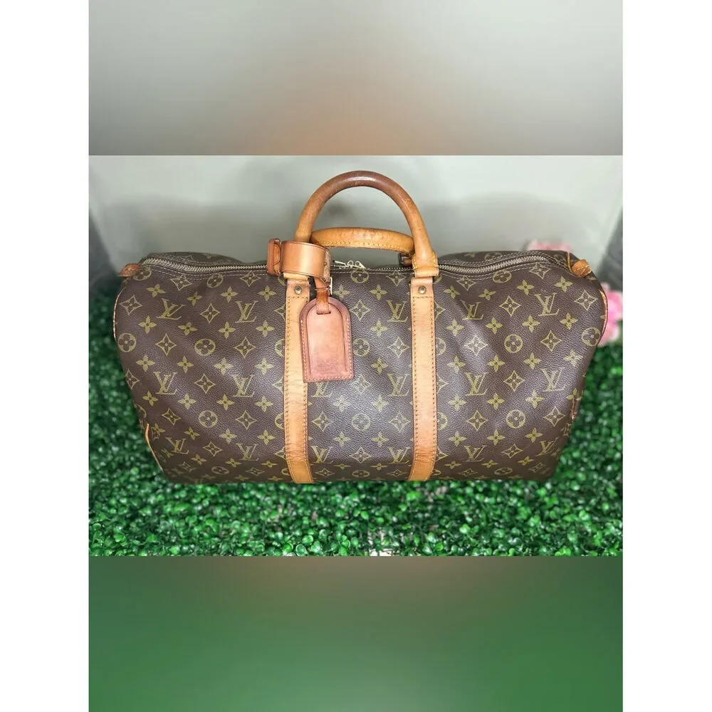 Louis Vuitton Keepall 50 Monogram Travel Bag w/ Luggage Tag, Handle Band & Strap